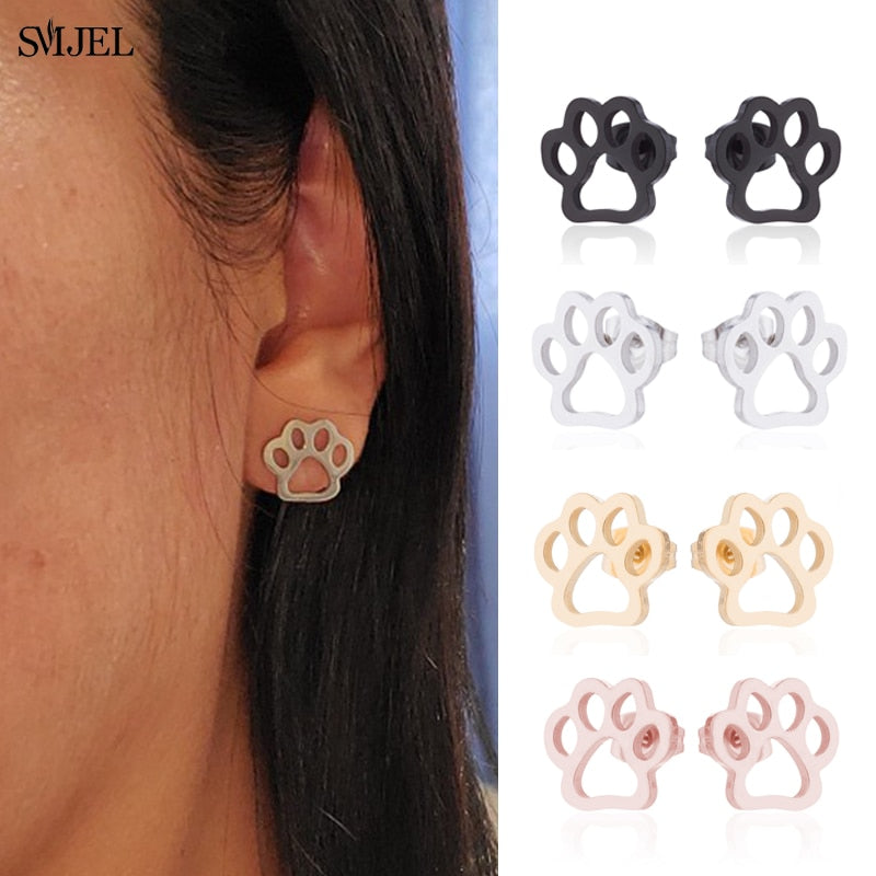 Stainless Steel Paw Necklace Earring for Women Simple Hollow Dog Paw Jewelry Sets Cute Cat Pendant Nekclaces 2023 Birthday Gift