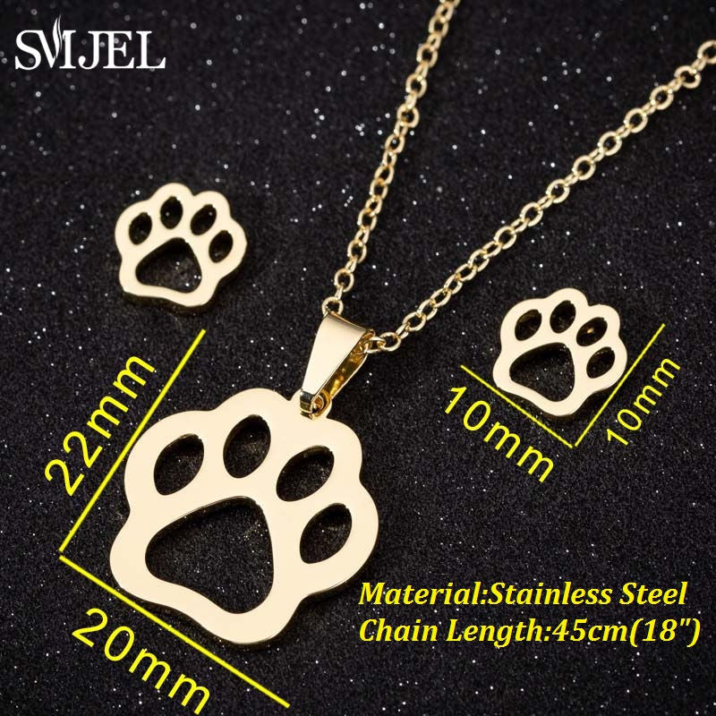 Stainless Steel Paw Necklace Earring for Women Simple Hollow Dog Paw Jewelry Sets Cute Cat Pendant Nekclaces 2023 Birthday Gift