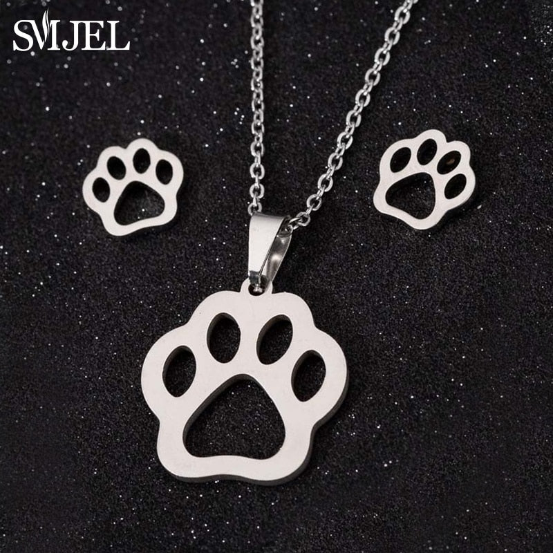 Stainless Steel Paw Necklace Earring for Women Simple Hollow Dog Paw Jewelry Sets Cute Cat Pendant Nekclaces 2023 Birthday Gift