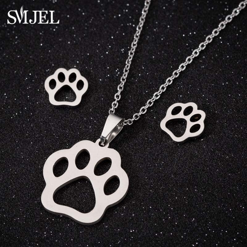 Stainless Steel Paw Necklace Earring for Women Simple Hollow Dog Paw Jewelry Sets Cute Cat Pendant Nekclaces 2023 Birthday Gift