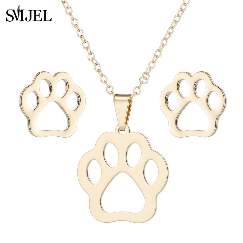 Stainless Steel Paw Necklace Earring for Women Simple Hollow Dog Paw Jewelry Sets Cute Cat Pendant Nekclaces 2023 Birthday Gift