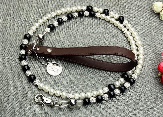 High-grade luxury black white pearl diamond ball leash for pet dog cat doggy fashion lead products puppy accessories 1pcs