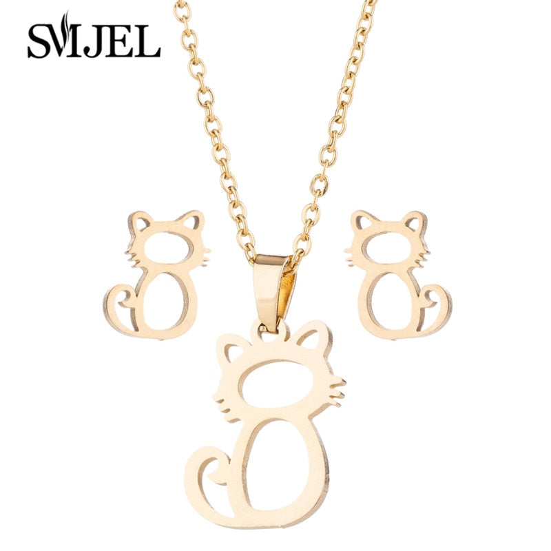 Stainless Steel Paw Necklace Earring for Women Simple Hollow Dog Paw Jewelry Sets Cute Cat Pendant Nekclaces 2023 Birthday Gift