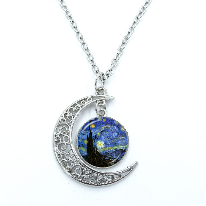 Van Gogh Starry Night Necklace Glass Cabochon Crescent Moon Chain Necklace Jewelry. Gift For Women
