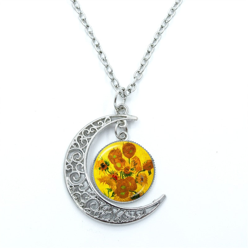 Van Gogh Starry Night Necklace Glass Cabochon Crescent Moon Chain Necklace Jewelry. Gift For Women