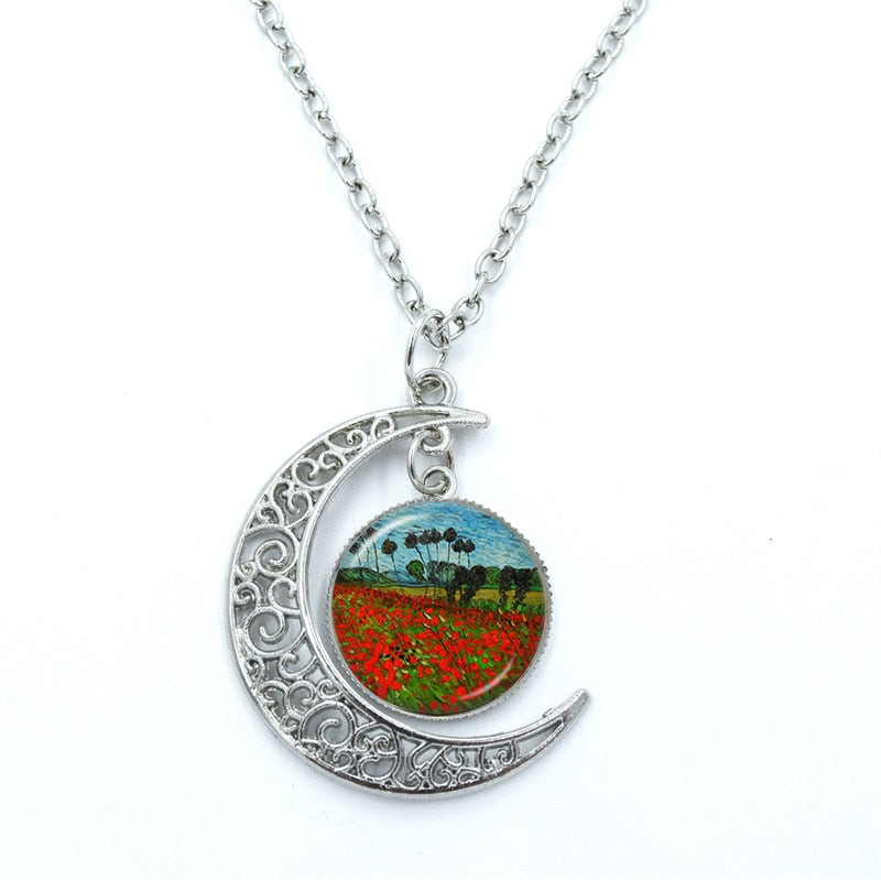 Van Gogh Starry Night Necklace Glass Cabochon Crescent Moon Chain Necklace Jewelry. Gift For Women