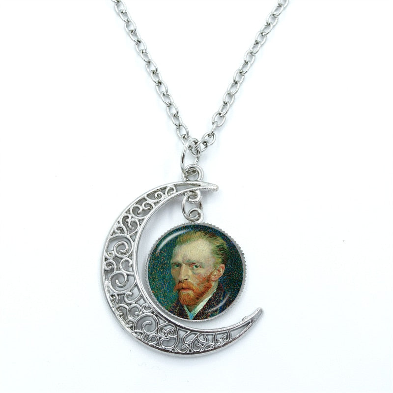 Van Gogh Starry Night Necklace Glass Cabochon Crescent Moon Chain Necklace Jewelry. Gift For Women