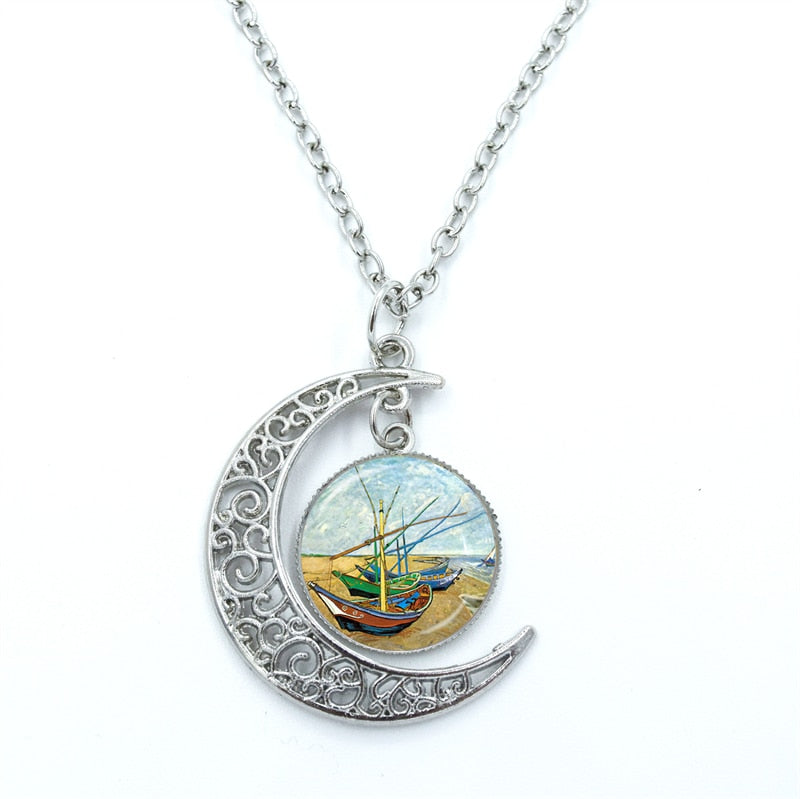 Van Gogh Starry Night Necklace Glass Cabochon Crescent Moon Chain Necklace Jewelry. Gift For Women