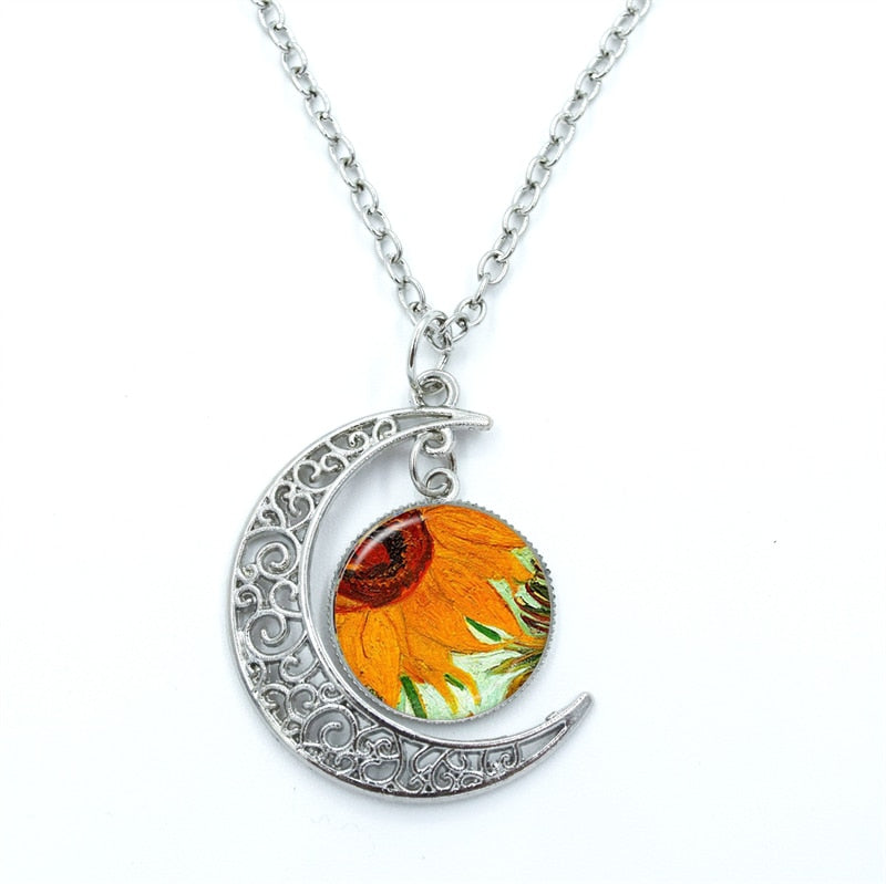 Van Gogh Starry Night Necklace Glass Cabochon Crescent Moon Chain Necklace Jewelry. Gift For Women
