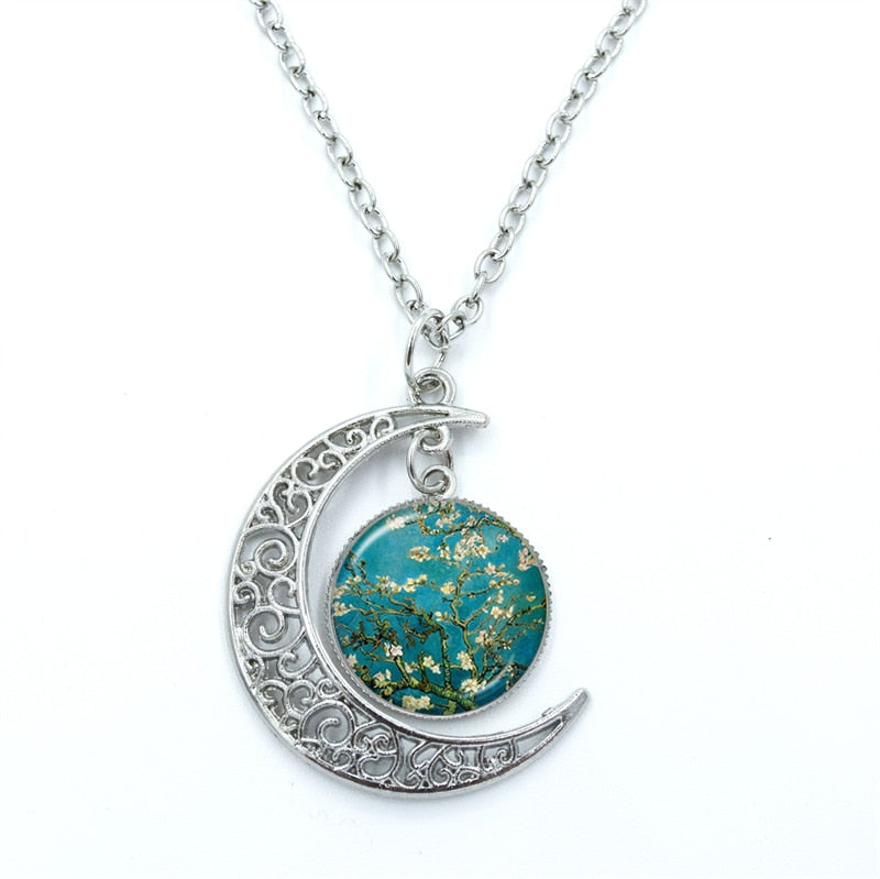 Van Gogh Starry Night Necklace Glass Cabochon Crescent Moon Chain Necklace Jewelry. Gift For Women