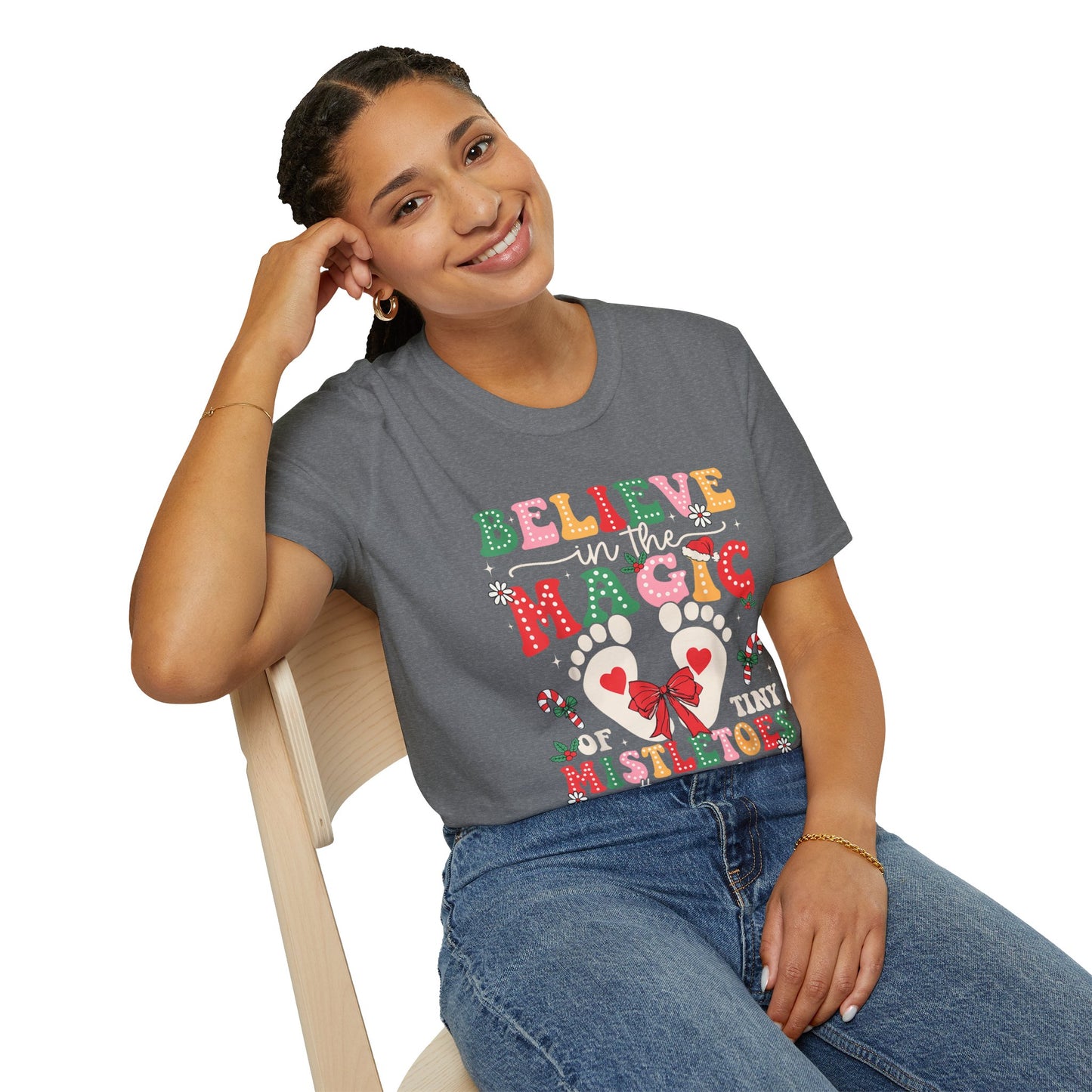 NICU Nurse Baby Mistletoes Holiday T-Shirt 'Believe in the Magic', Christmas NICU RN Xmas Tee, Festive Neonatal Intensive Care Unit Nurse