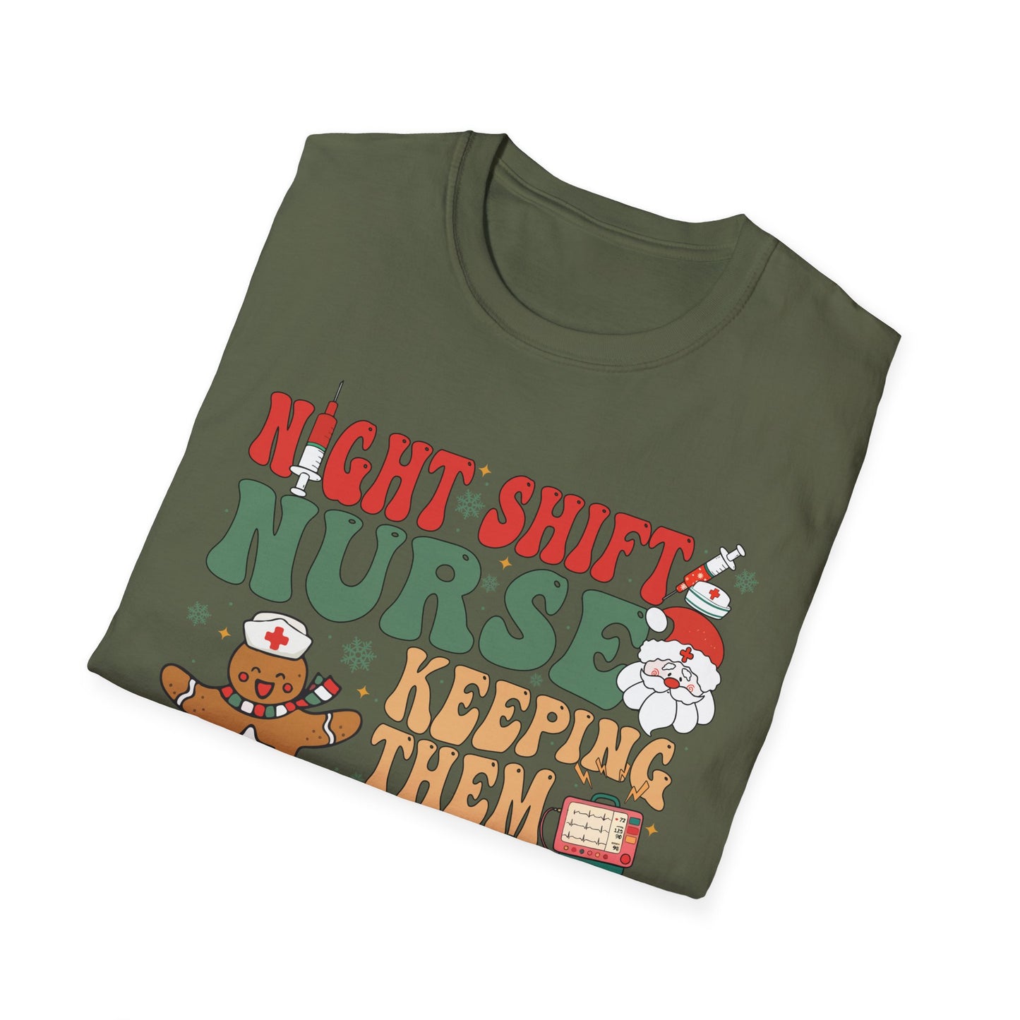 Funny Night Shift Nurse T-Shirt, Holiday Nurse Gift Shirt, Nursing Field Apparel, Unisex Tee, Softstyle Top