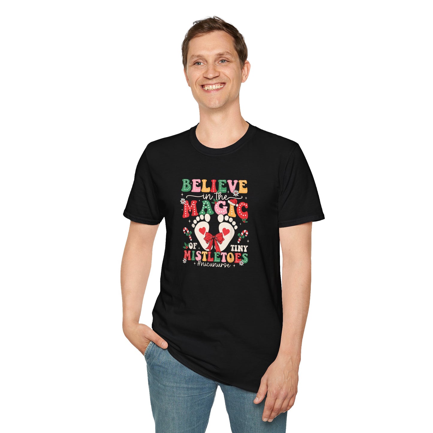 NICU Nurse Baby Mistletoes Holiday T-Shirt 'Believe in the Magic', Christmas NICU RN Xmas Tee, Festive Neonatal Intensive Care Unit Nurse