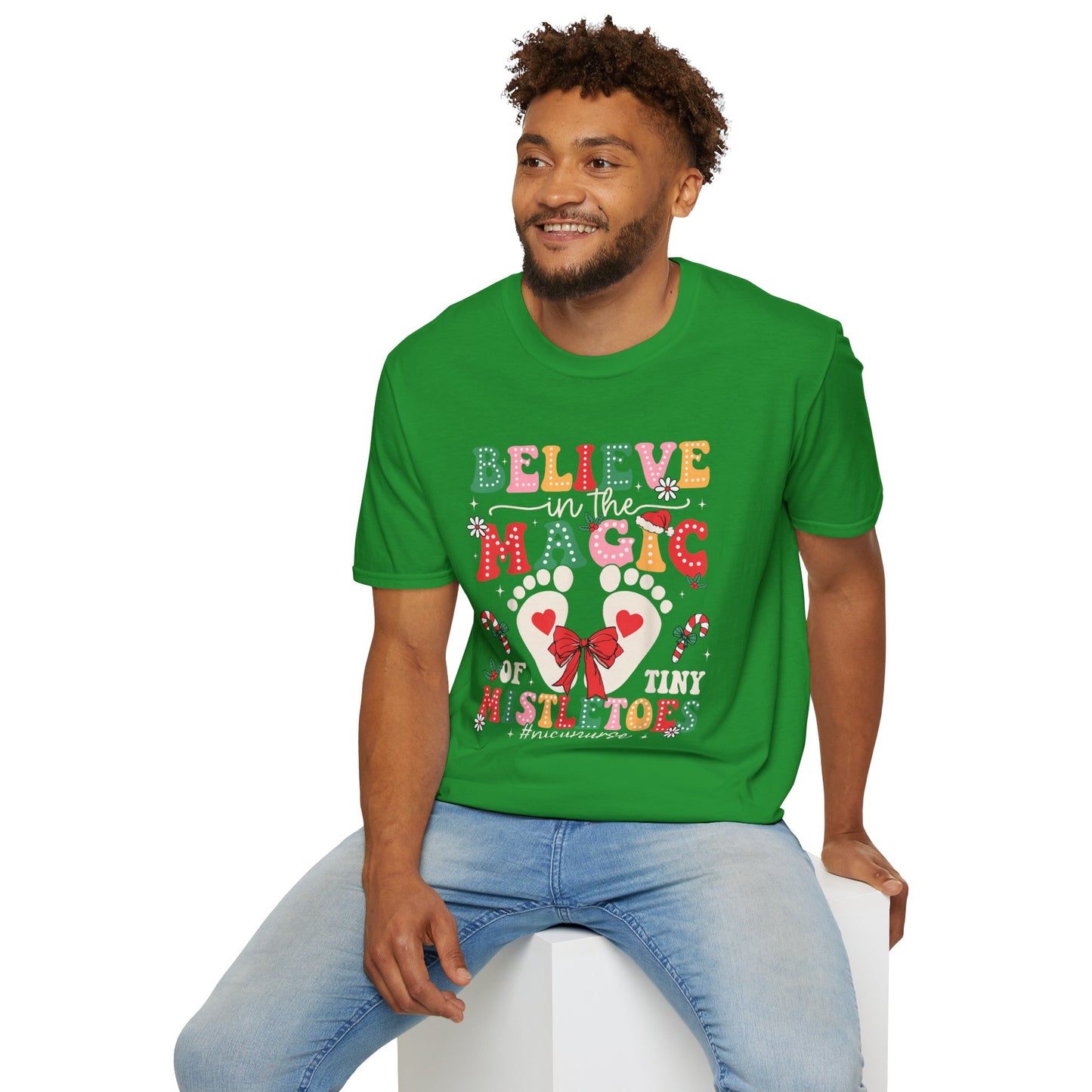 NICU Nurse Baby Mistletoes Holiday T-Shirt 'Believe in the Magic', Christmas NICU RN Xmas Tee, Festive Neonatal Intensive Care Unit Nurse