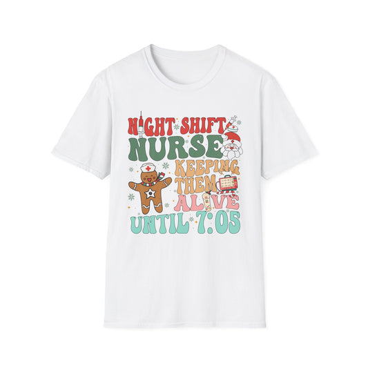 Funny Night Shift Nurse T-Shirt, Holiday Nurse Gift Shirt, Nursing Field Apparel, Unisex Tee, Softstyle Top