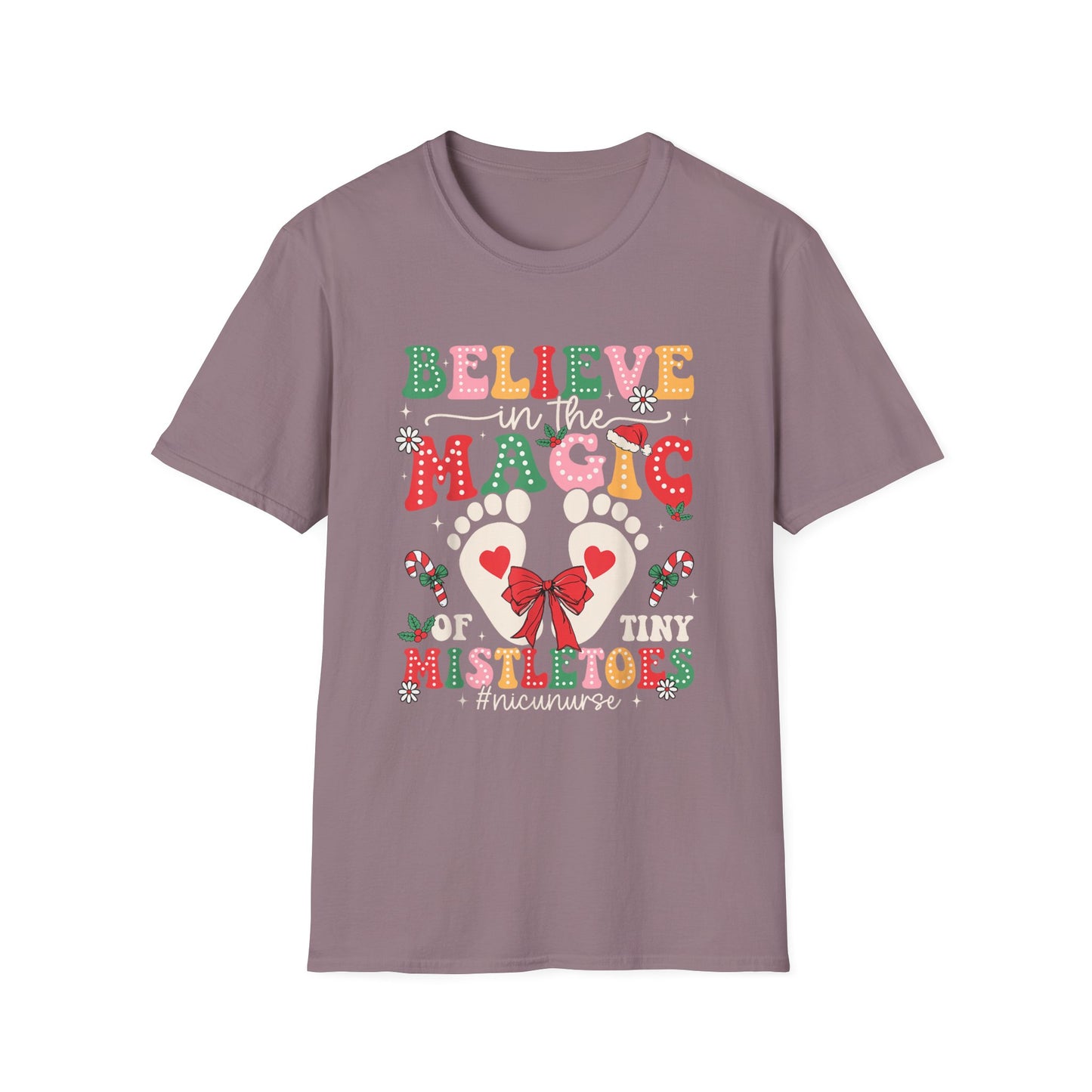 NICU Nurse Baby Mistletoes Holiday T-Shirt 'Believe in the Magic', Christmas NICU RN Xmas Tee, Festive Neonatal Intensive Care Unit Nurse