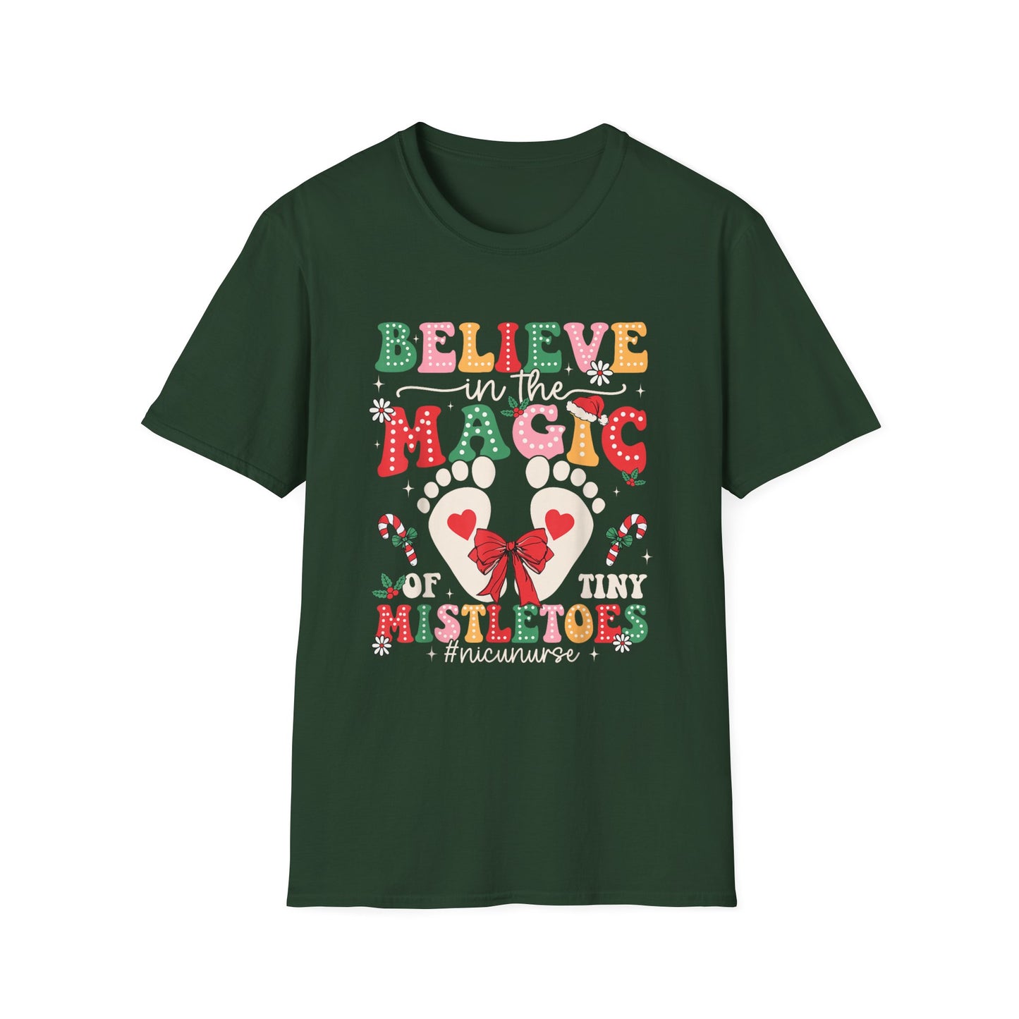 NICU Nurse Baby Mistletoes Holiday T-Shirt 'Believe in the Magic', Christmas NICU RN Xmas Tee, Festive Neonatal Intensive Care Unit Nurse