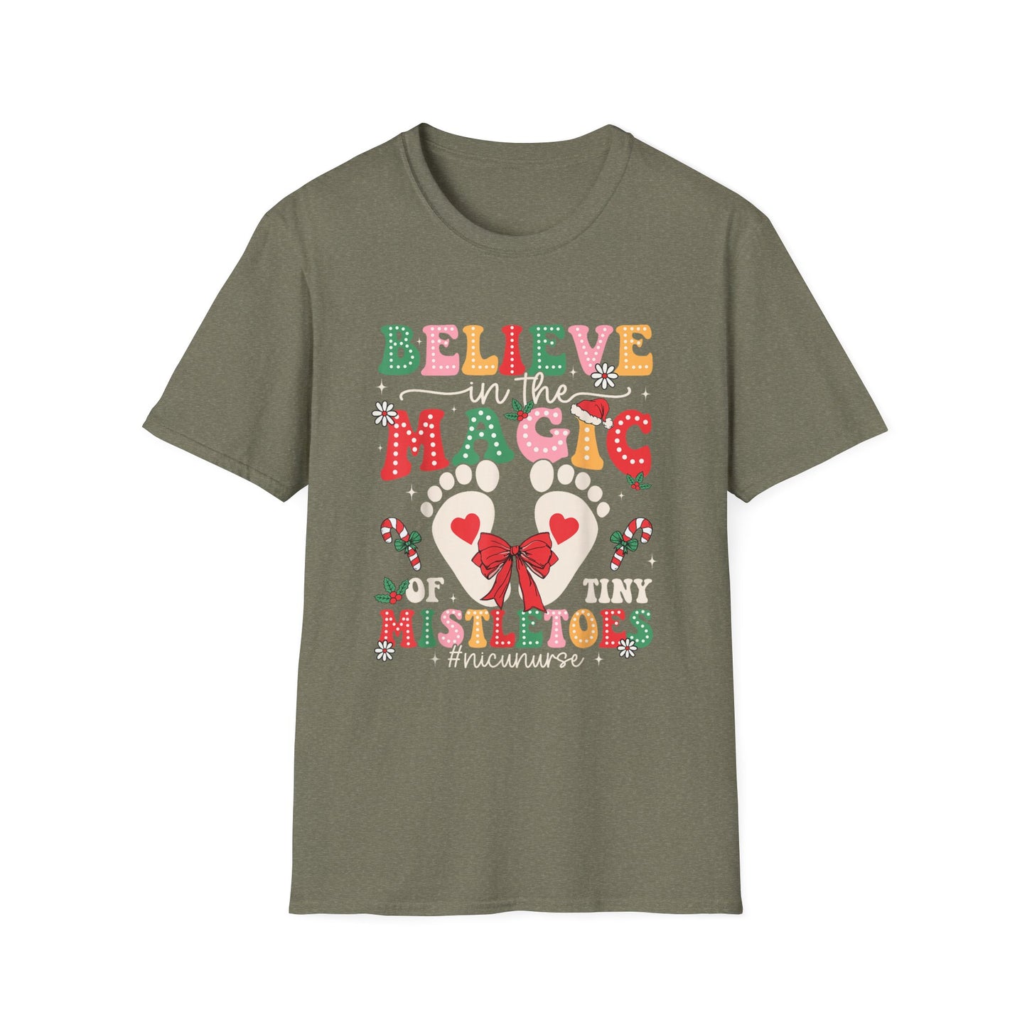 NICU Nurse Baby Mistletoes Holiday T-Shirt 'Believe in the Magic', Christmas NICU RN Xmas Tee, Festive Neonatal Intensive Care Unit Nurse