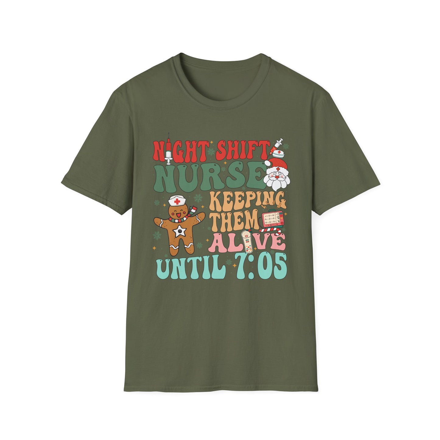 Funny Night Shift Nurse T-Shirt, Holiday Nurse Gift Shirt, Nursing Field Apparel, Unisex Tee, Softstyle Top