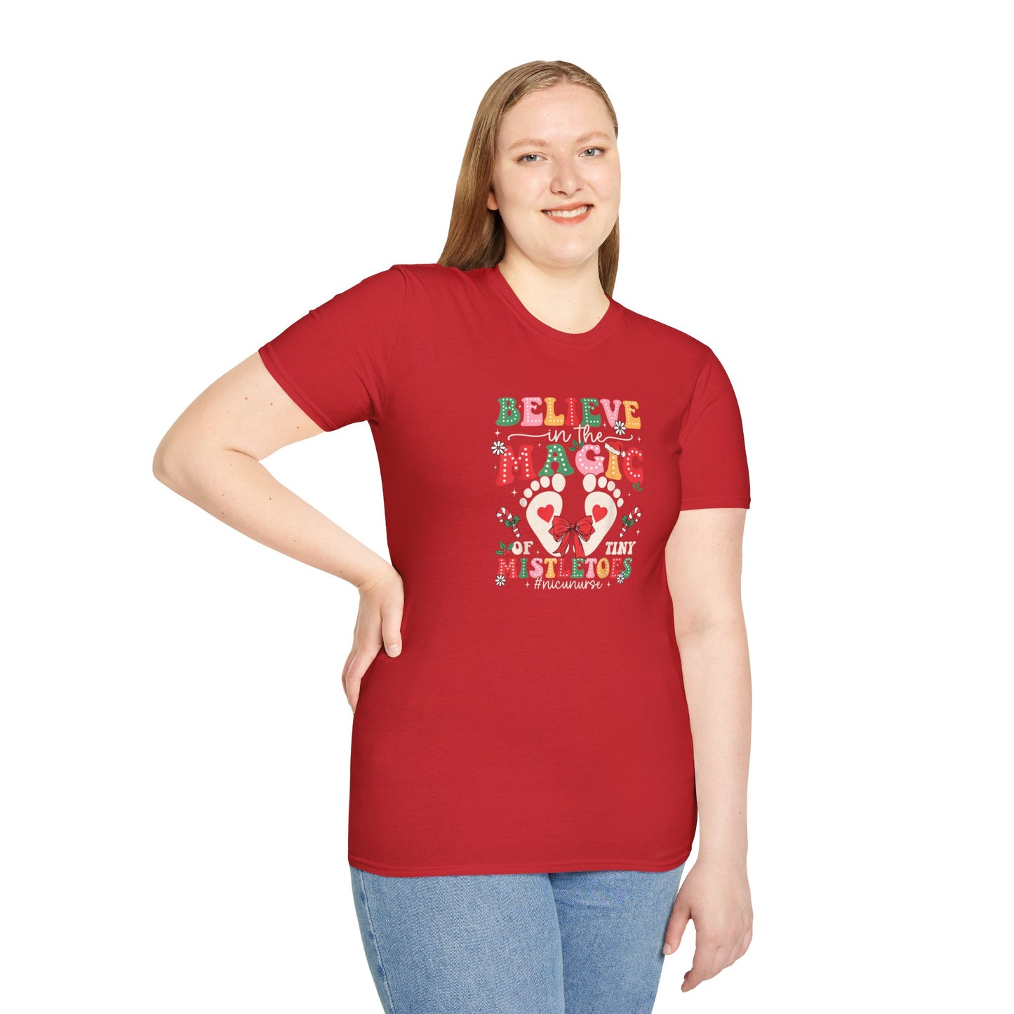 NICU Nurse Baby Mistletoes Holiday T-Shirt 'Believe in the Magic', Christmas NICU RN Xmas Tee, Festive Neonatal Intensive Care Unit Nurse