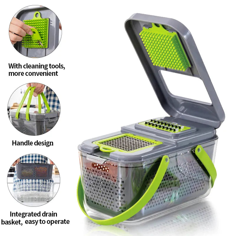 Make food preparation a breeze with this multifunctional Vegetable Cutter 22 in 1 Fruit Vegetable Slicer Shredder Grater with Food Storage Container Kitchen Gadgets.