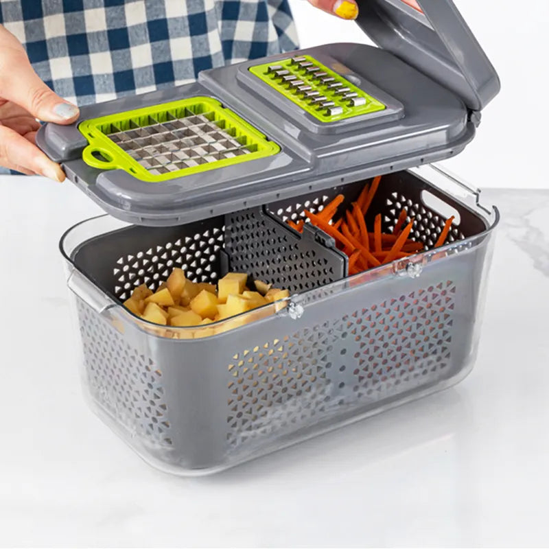 Make food preparation a breeze with this multifunctional Vegetable Cutter 22 in 1 Fruit Vegetable Slicer Shredder Grater with Food Storage Container Kitchen Gadgets.