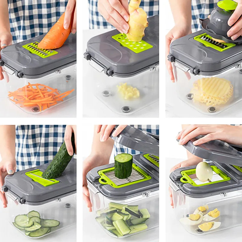 Make food preparation a breeze with this multifunctional Vegetable Cutter 22 in 1 Fruit Vegetable Slicer Shredder Grater with Food Storage Container Kitchen Gadgets.