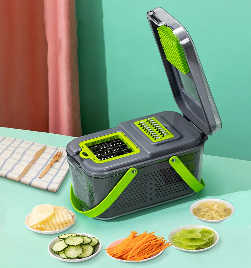 Make food preparation a breeze with this multifunctional Vegetable Cutter 22 in 1 Fruit Vegetable Slicer Shredder Grater with Food Storage Container Kitchen Gadgets.