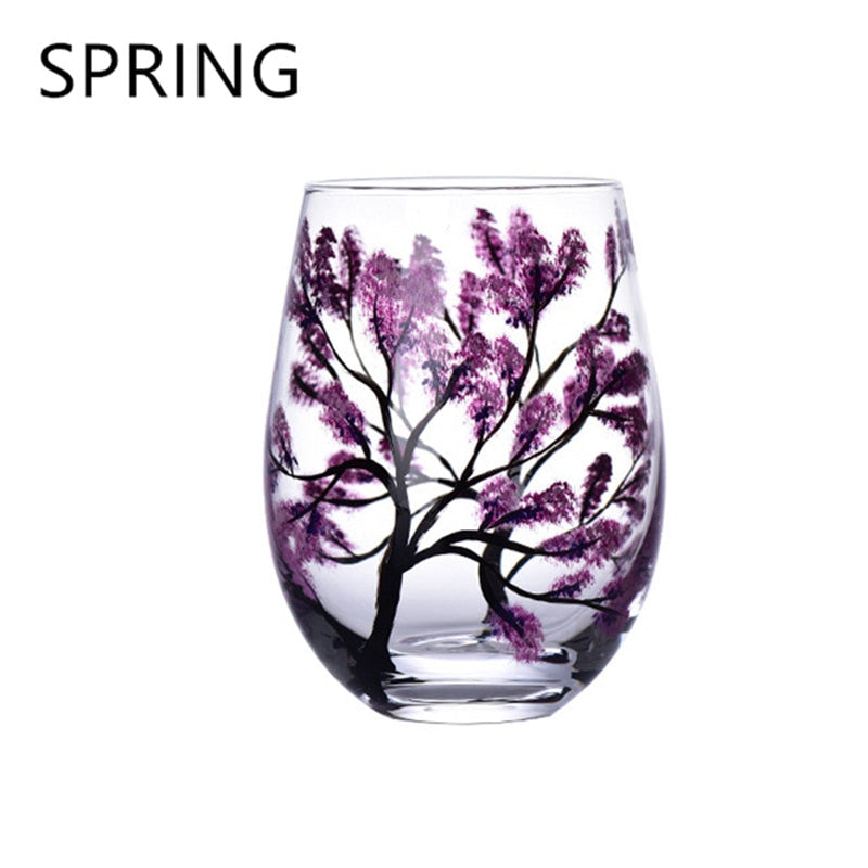 Four Seasons Trees Wine Glasses Goblet Creative Printed Round Glass Cup For Wine Beer Cocktail Large Capacity Glass Cup Gift