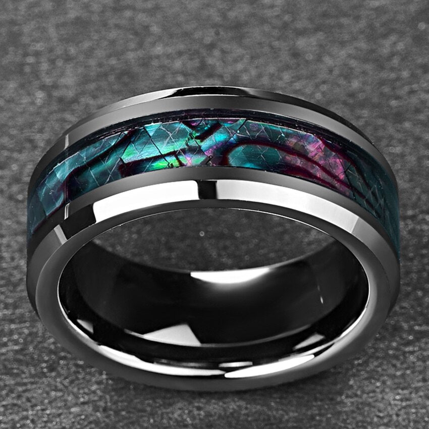 Nuncad US size New Trend 8MM Inlaid Abalone Shell Beveled Tungsten Carbide Ring Jewelry for Wedding Party Finger Rings