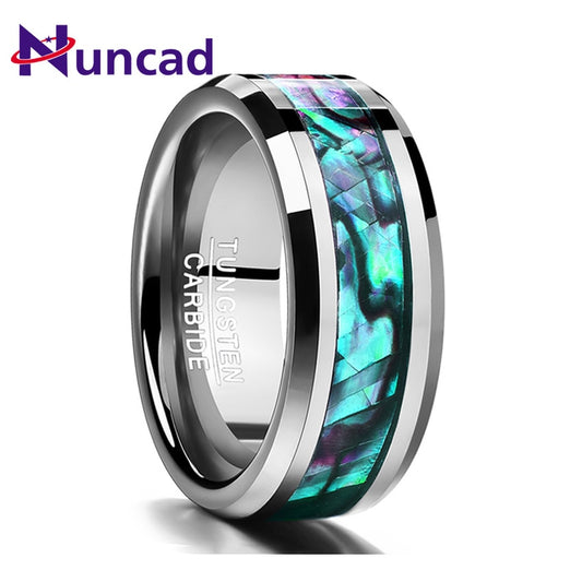 Nuncad US size New Trend 8MM Inlaid Abalone Shell Beveled Tungsten Carbide Ring Jewelry for Wedding Party Finger Rings