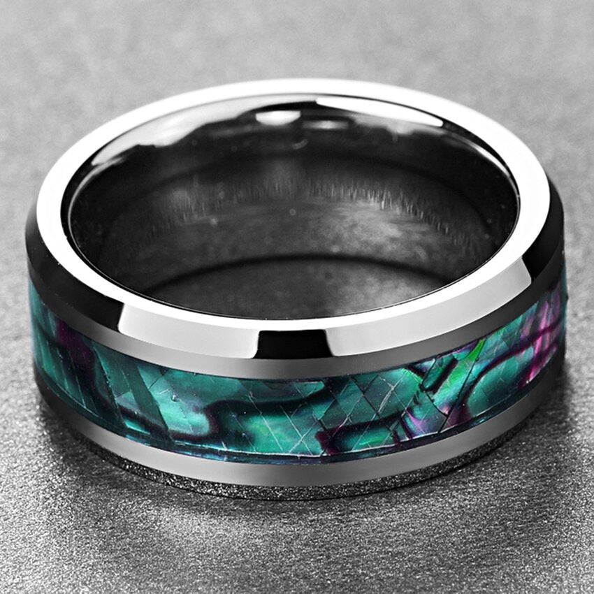 Nuncad US size New Trend 8MM Inlaid Abalone Shell Beveled Tungsten Carbide Ring Jewelry for Wedding Party Finger Rings