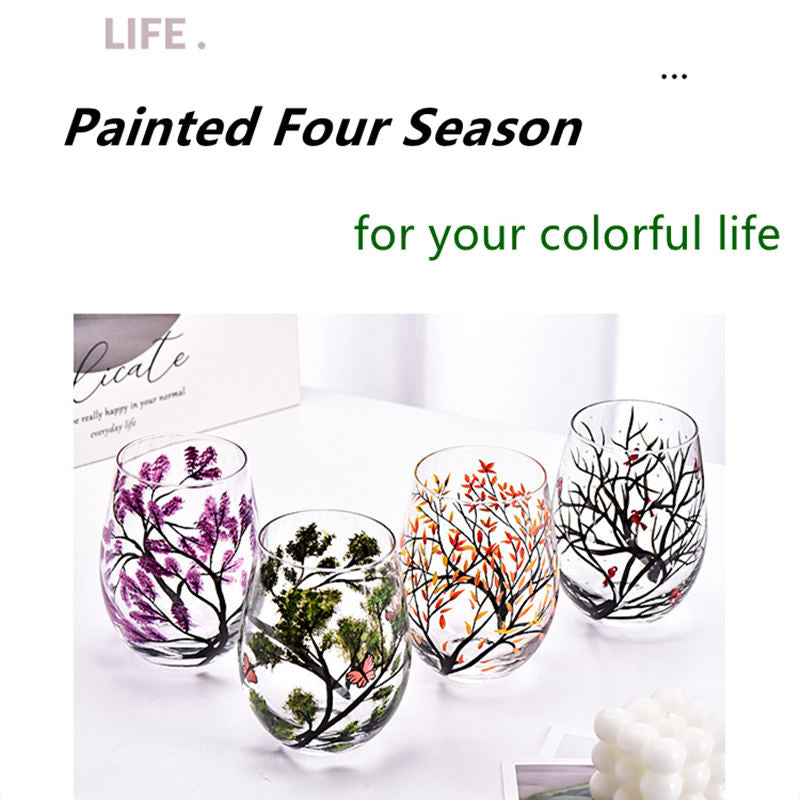 Four Seasons Trees Wine Glasses Goblet Creative Printed Round Glass Cup For Wine Beer Cocktail Large Capacity Glass Cup Gift