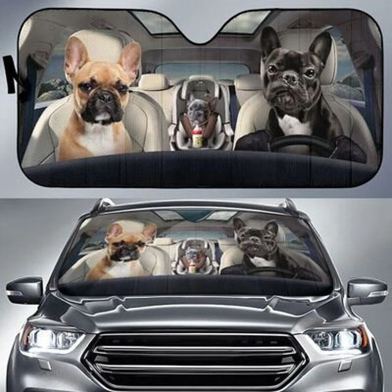 Pug Car Sun Shade, Pug Windshield, Dogs Family Sunshade, Dogs Car Accessories, Car Decoration, Pug Lovers Car Sun Shade, Gift Fo