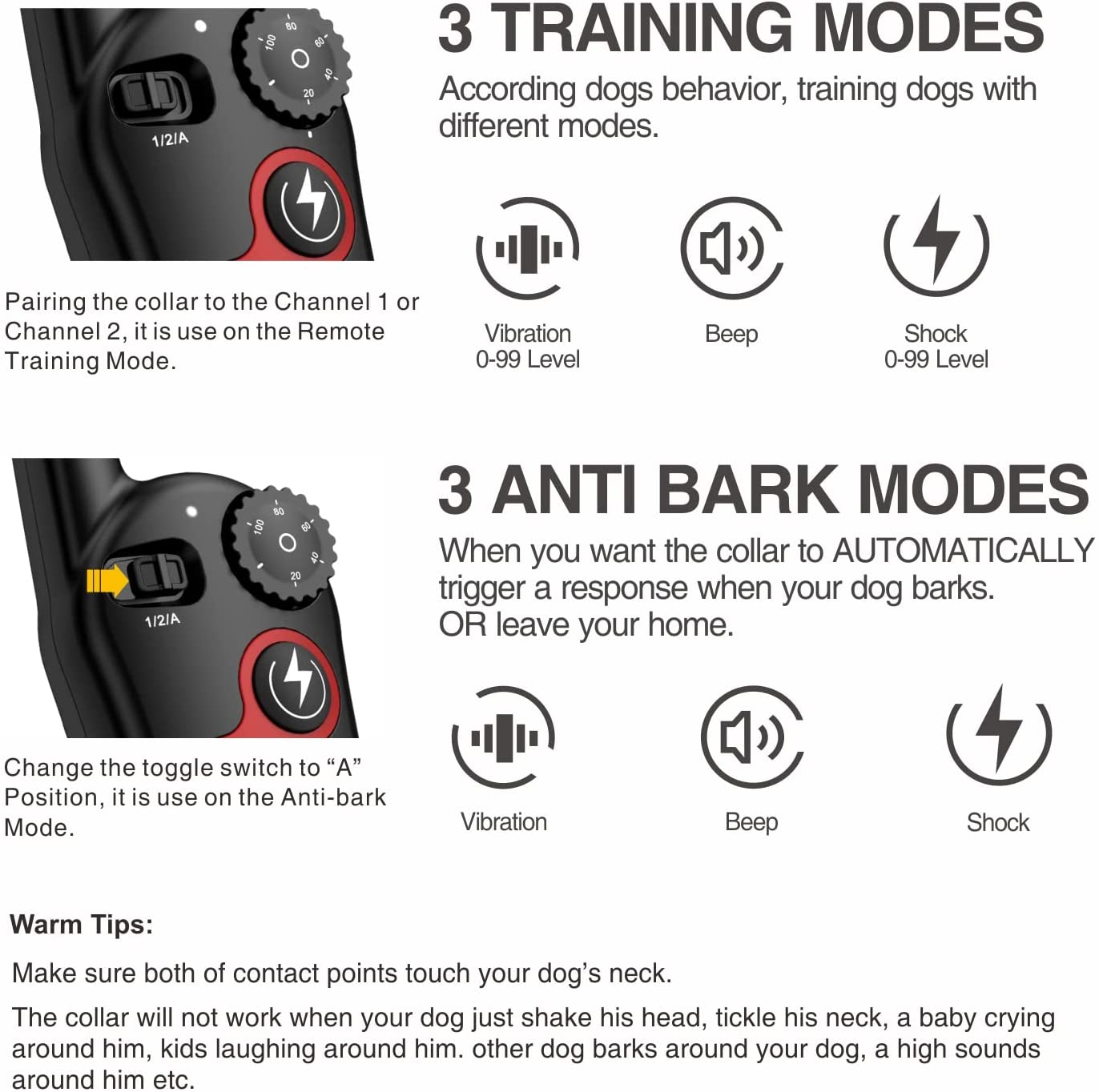 Dog Training Collar Remote Control Electric Shock Automatic Anti-Bark Collar w/3 Training Modes Beep Vibration Shock Waterproof