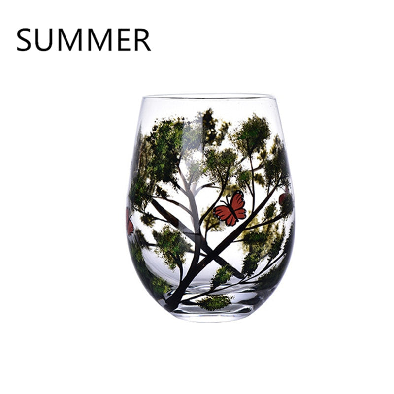 Four Seasons Trees Wine Glasses Goblet Creative Printed Round Glass Cup For Wine Beer Cocktail Large Capacity Glass Cup Gift