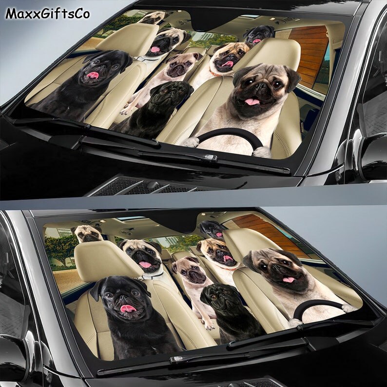 Pug Car Sun Shade, Pug Windshield, Dogs Family Sunshade, Dogs Car Accessories, Car Decoration, Pug Lovers Car Sun Shade, Gift Fo