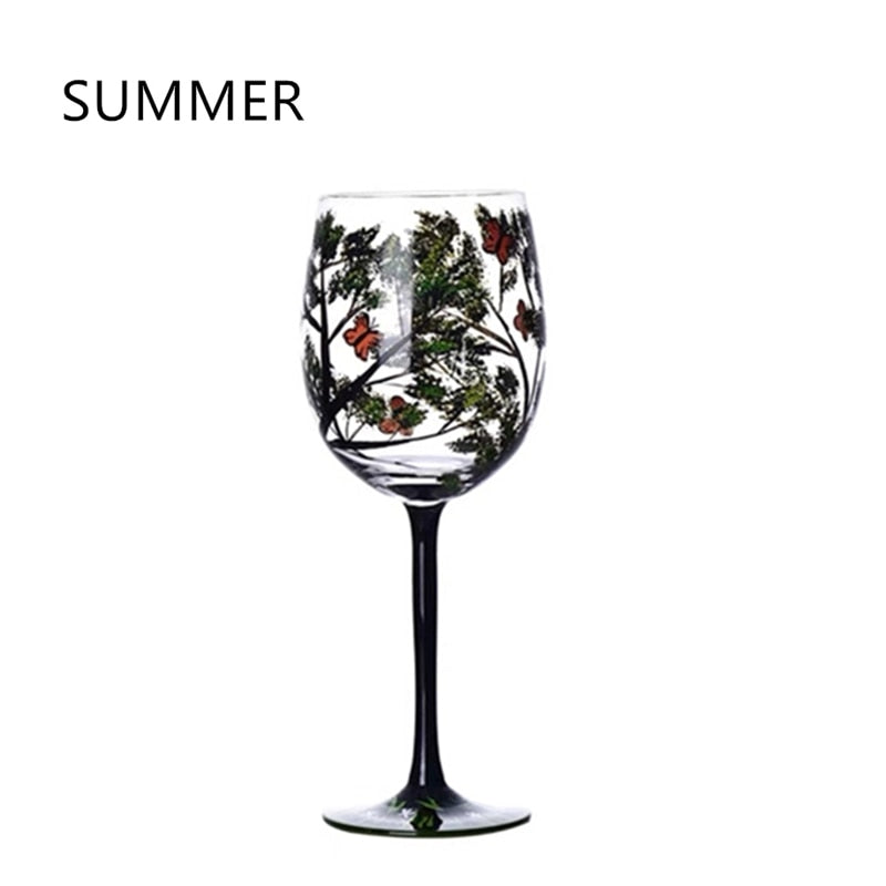 Four Seasons Trees Wine Glasses Goblet Creative Printed Round Glass Cup For Wine Beer Cocktail Large Capacity Glass Cup Gift