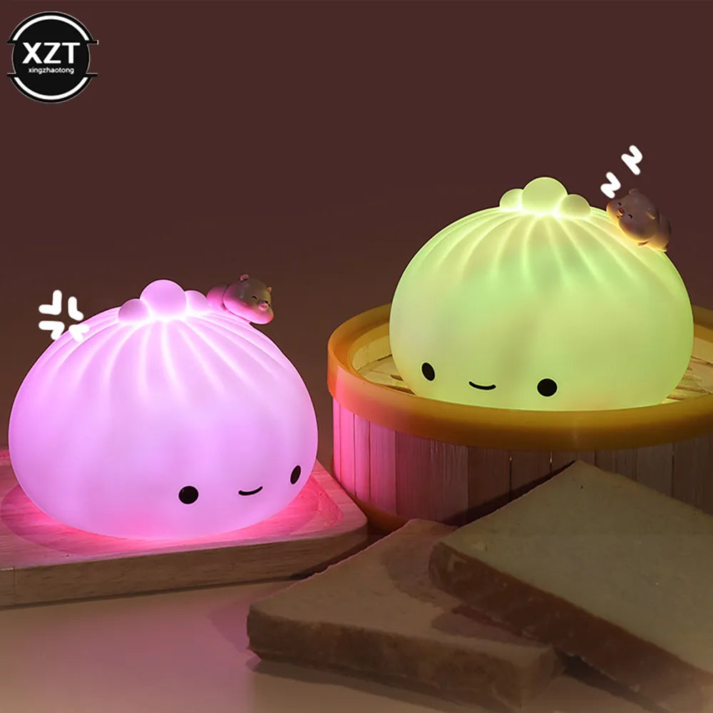 1PC Cute LED Night Light Bun Dumpling Cartoon Bedroom Holiday Home Decoration Soft Lamp Christmas Children Gifts