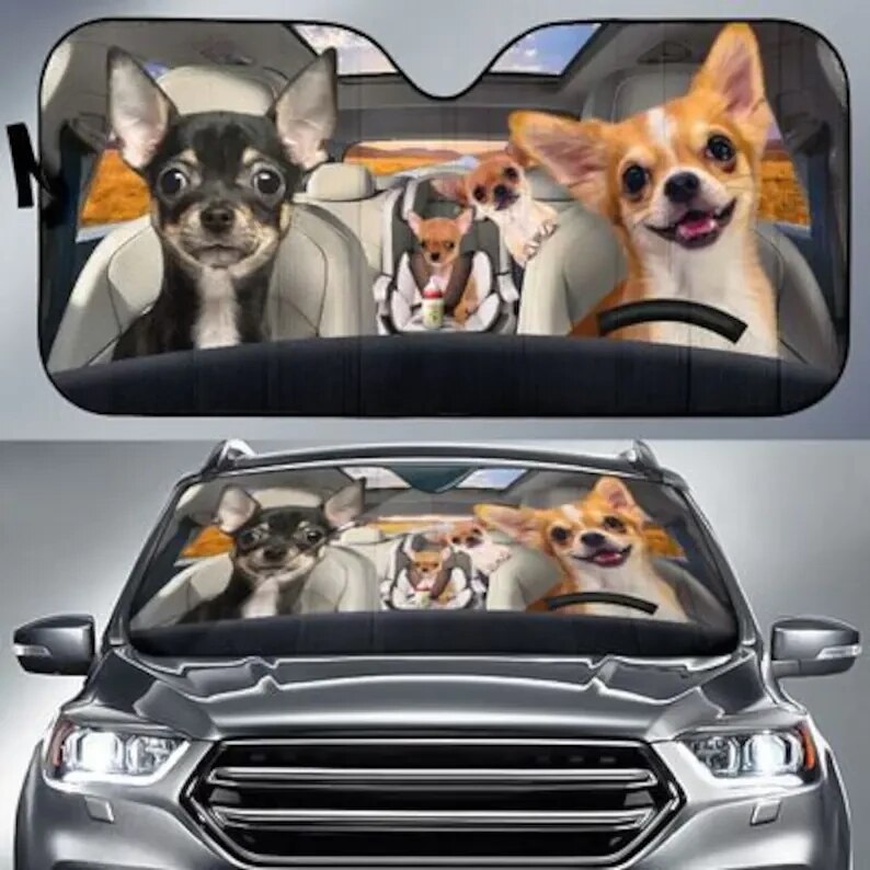 Pug Car Sun Shade, Pug Windshield, Dogs Family Sunshade, Dogs Car Accessories, Car Decoration, Pug Lovers Car Sun Shade, Gift Fo