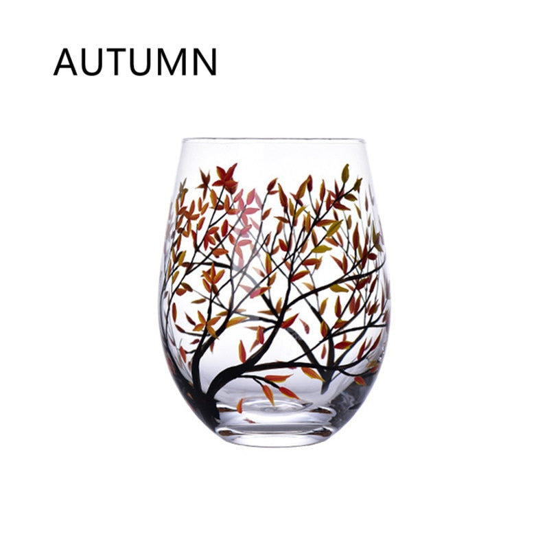 Four Seasons Trees Wine Glasses Goblet Creative Printed Round Glass Cup For Wine Beer Cocktail Large Capacity Glass Cup Gift