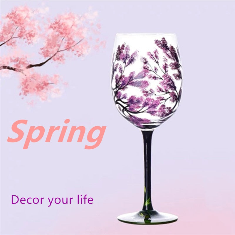 Four Seasons Trees Wine Glasses Goblet Creative Printed Round Glass Cup For Wine Beer Cocktail Large Capacity Glass Cup Gift