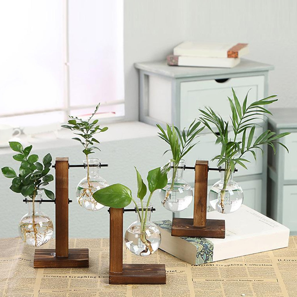 Terrarium Planter Bulb Glass Vase Water Planting Propagation Stations Hydroponics Plants With Wooden Stand Garden Wedding Decor