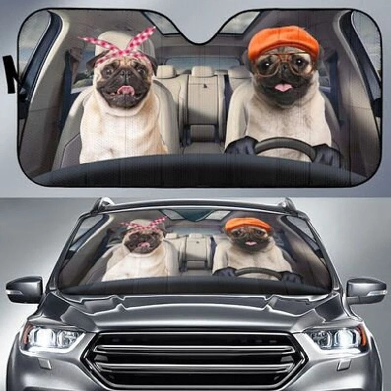 Pug Car Sun Shade, Pug Windshield, Dogs Family Sunshade, Dogs Car Accessories, Car Decoration, Pug Lovers Car Sun Shade, Gift Fo