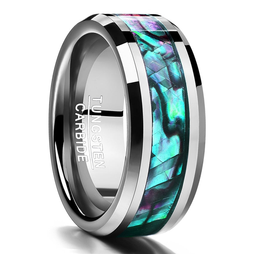 Nuncad US size New Trend 8MM Inlaid Abalone Shell Beveled Tungsten Carbide Ring Jewelry for Wedding Party Finger Rings