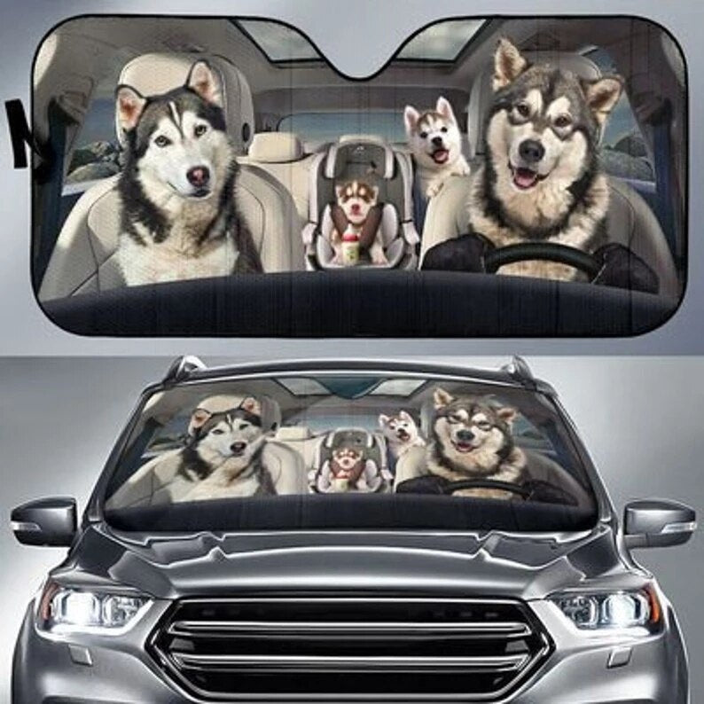 Pug Car Sun Shade, Pug Windshield, Dogs Family Sunshade, Dogs Car Accessories, Car Decoration, Pug Lovers Car Sun Shade, Gift Fo