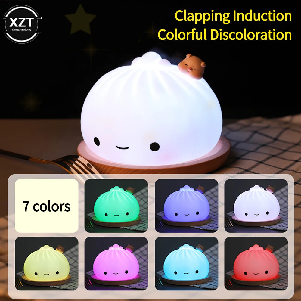 Cute LED Night Light Bun Shape Colorful Color Changeable Soft Silicone Night Lamp Bedroom Bedside Lamp for Holiday Gifts