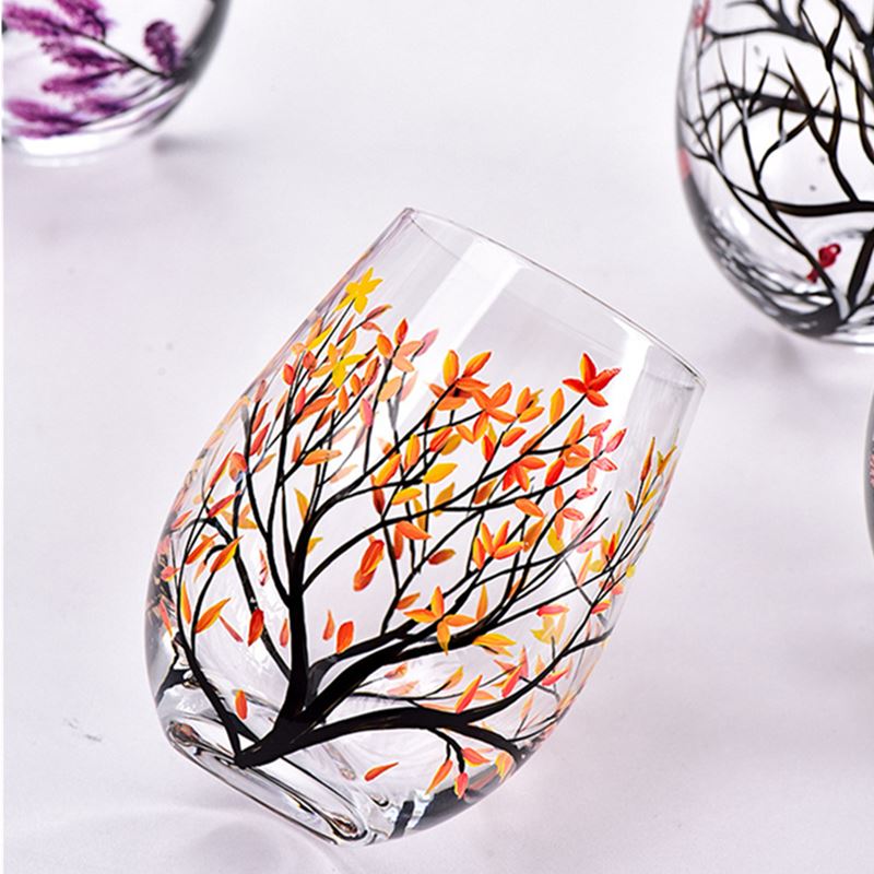 Four Seasons Trees Wine Glasses Goblet Creative Printed Round Glass Cup For Wine Beer Cocktail Large Capacity Glass Cup Gift