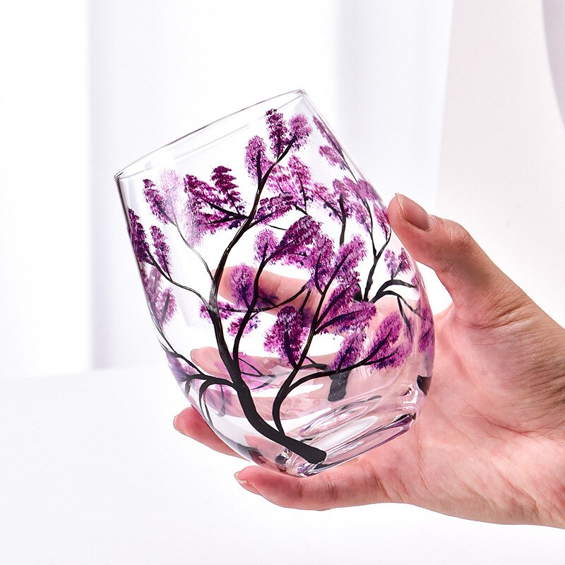 Four Seasons Trees Wine Glasses Goblet Creative Printed Round Glass Cup For Wine Beer Cocktail Large Capacity Glass Cup Gift