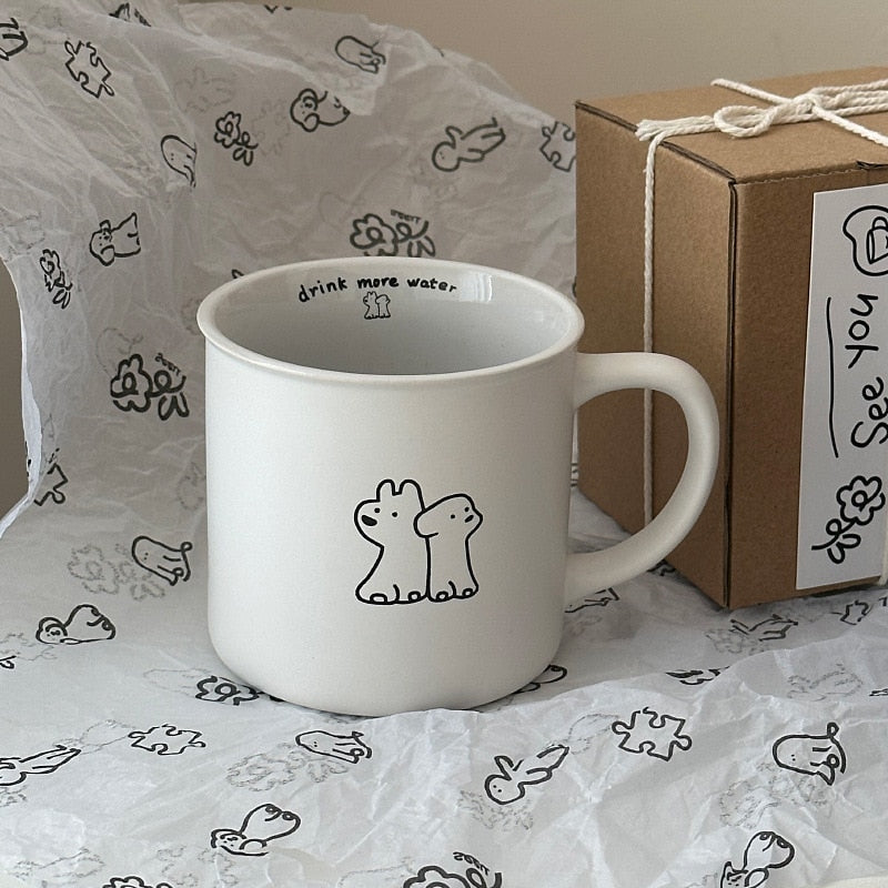 Cute Dog Pattern Coffee Cup Black and White Couple Milk Mug Simple Style Frosted Ceramic Coffee Cup Set